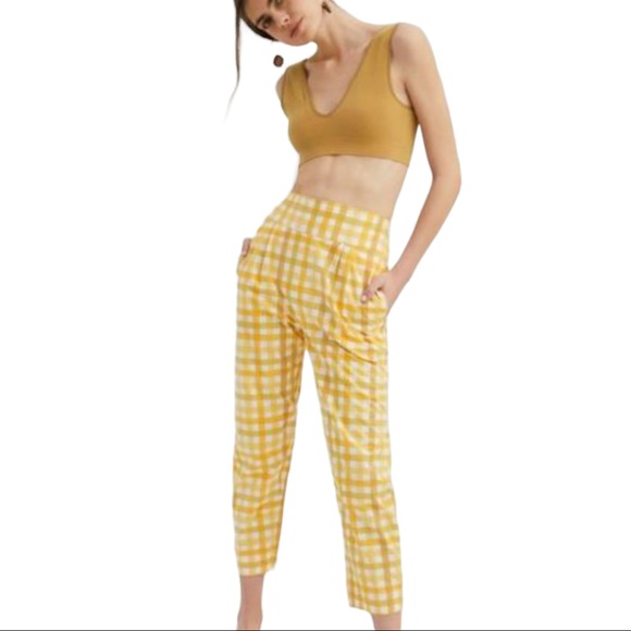 S/W/F x Anthropologie Jolie Gingham Med 8/10 Yellow Tapered Check Cropped Pants - Picture 4 of 9